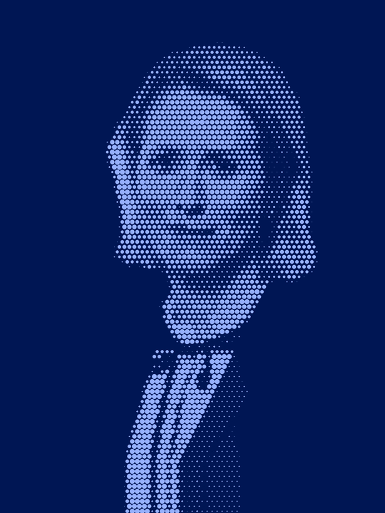 Halftone portrait of Kaja Kallas with a yellow bar across her mouth reading No comment.