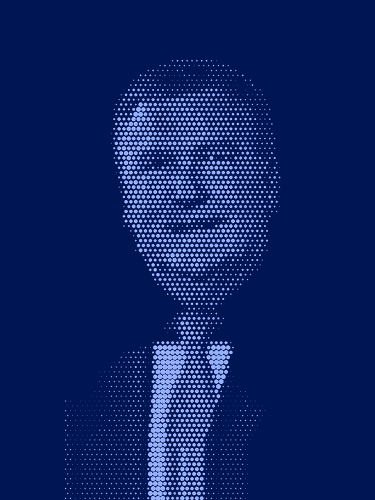 Halftone portrait of Michael McGrath with a yellow bar across his mouth reading No comment.