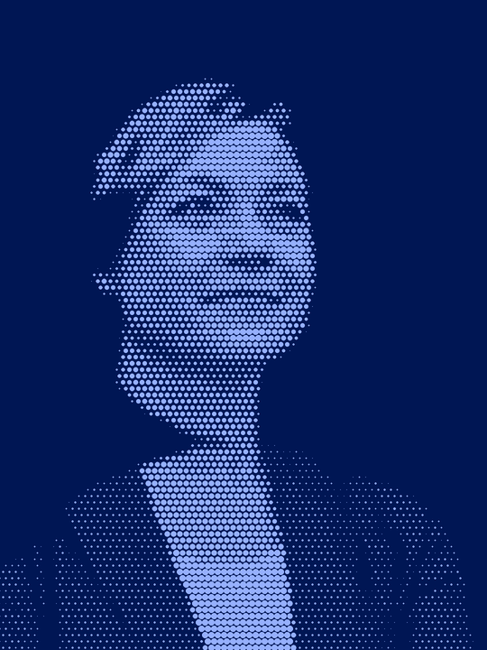 Halftone portrait of Henna Virkkunen with a yellow bar across her mouth reading No comment.