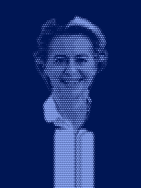 Halftone portrait of Ursula von der Leyen with a yellow bar across her mouth reading No comment.